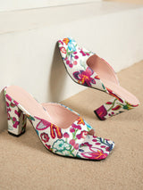 Floral Open-Toe Block Heel Mules