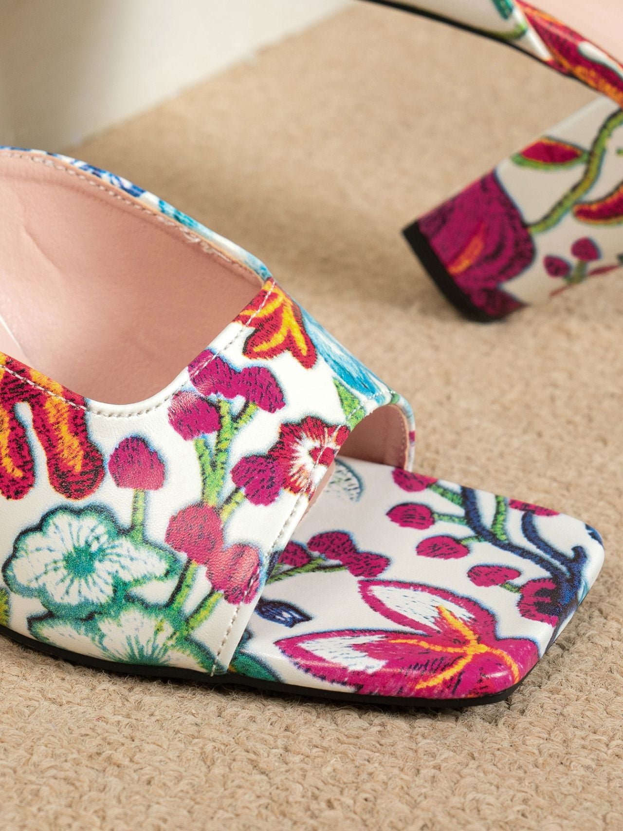 Floral Open-Toe Block Heel Mules