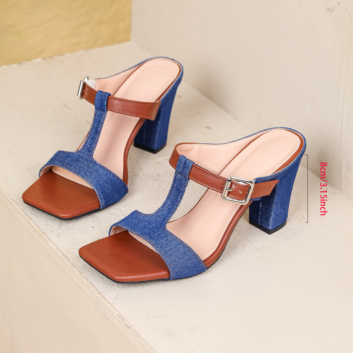 Women's Blue Denim Block Heel Sandals
