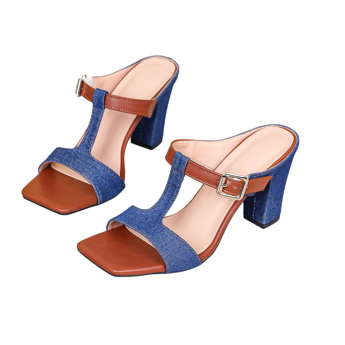 Women's Blue Denim Block Heel Sandals