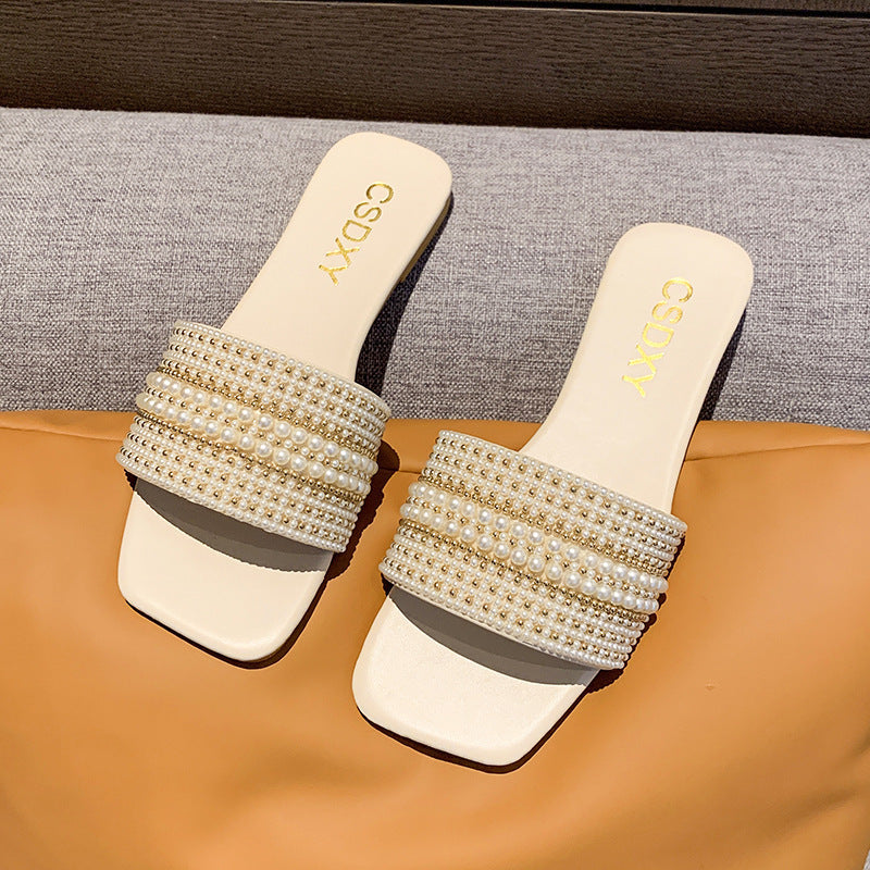 Women's Pearl Embellished Flat Slides