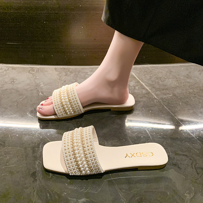 Women's Pearl Embellished Flat Slides