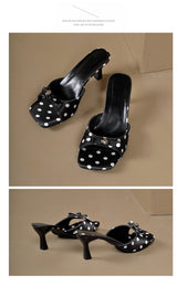 Women's Polka Dot Bow Heeled Mules