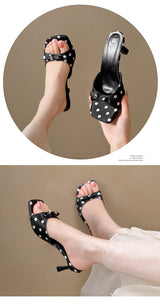 Women's Polka Dot Bow Heeled Mules