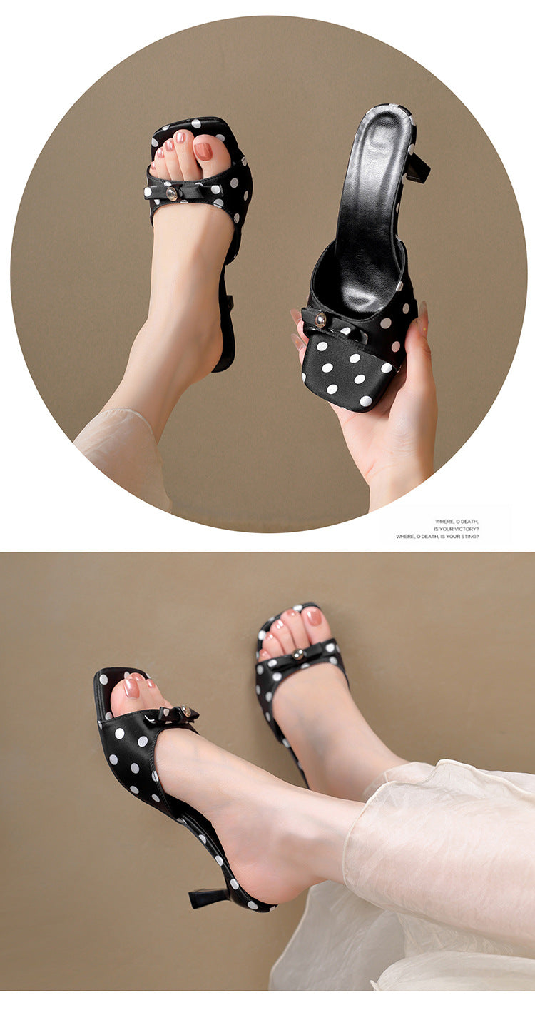 Women's Polka Dot Bow Heeled Mules