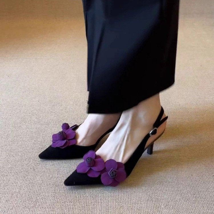 Women's Floral Applique Pointed Toe Slingback Heels