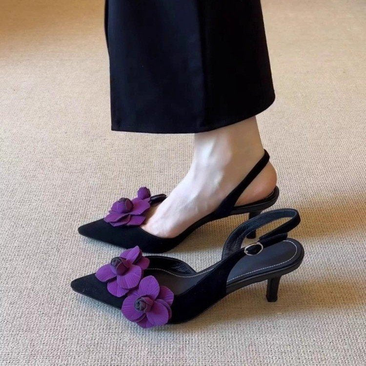 Women's Floral Applique Pointed Toe Slingback Heels