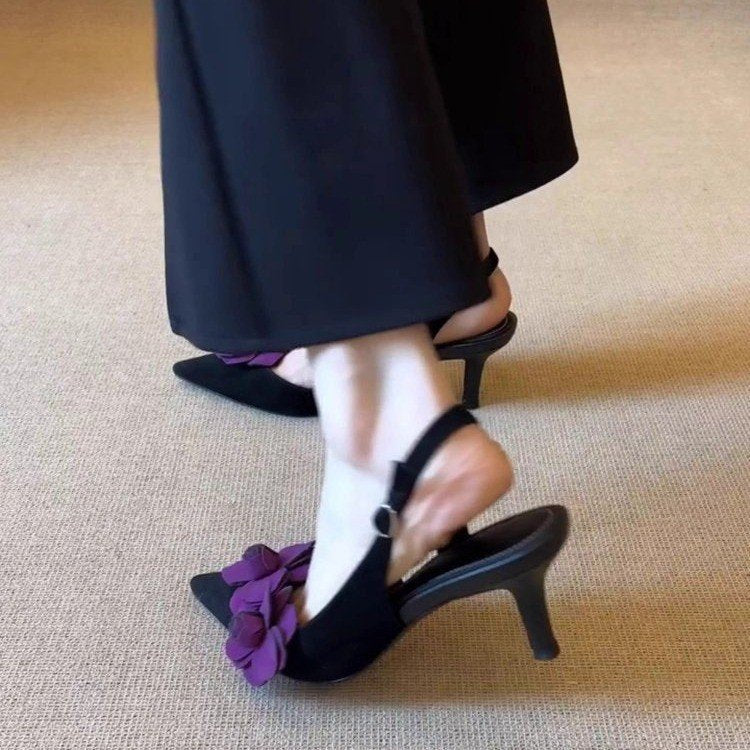 Women's Floral Applique Pointed Toe Slingback Heels
