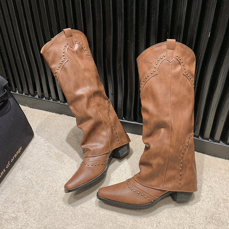 Women's Western-Inspired Knee-High Boots with Studded Details