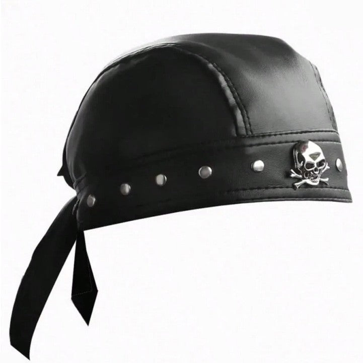 Black Faux Leather Skull & bones Bandana Cap