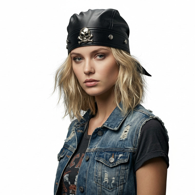 Black Faux Leather Skull & bones Bandana Cap