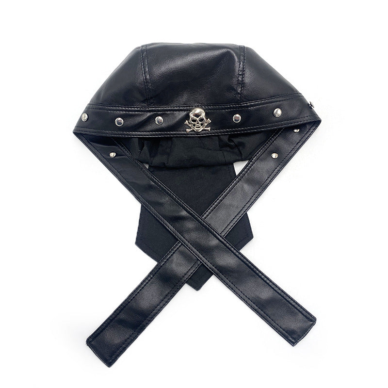 Black Faux Leather Skull & bones Bandana Cap