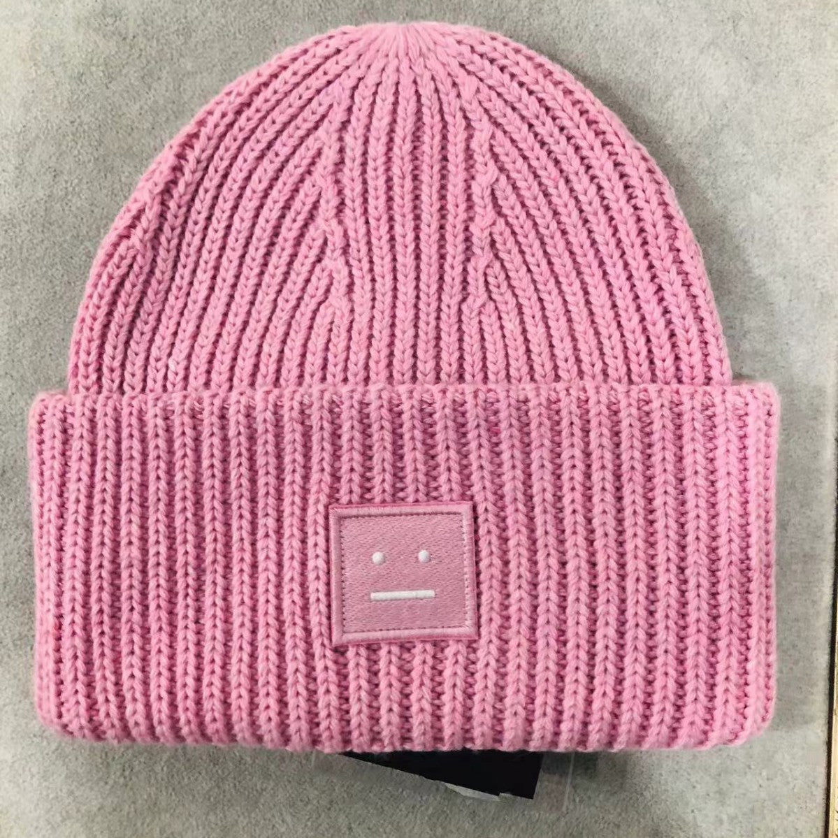 Knit Beanie with Sad Face Patch