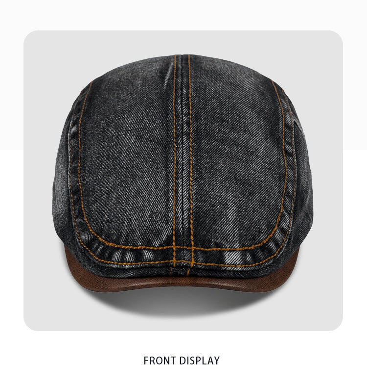 Vintage Washed Denim Flat Cap with Contrast Stitch