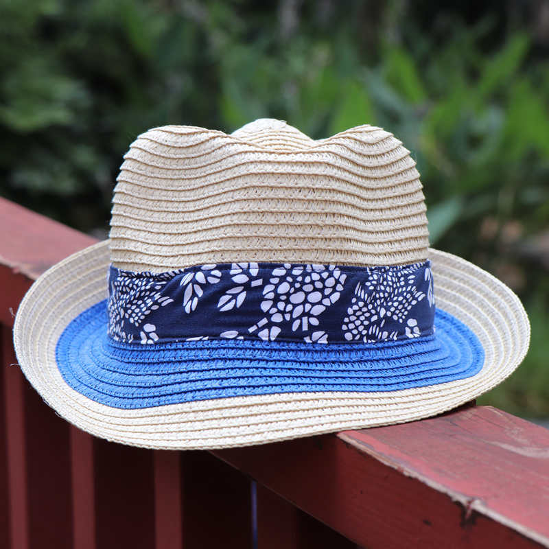 Blue Floral Ribbon Straw Fedora Hat