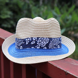 Blue Floral Ribbon Straw Fedora Hat