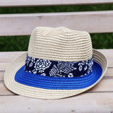 Blue Floral Ribbon Straw Fedora Hat