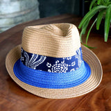 Blue Floral Ribbon Straw Fedora Hat