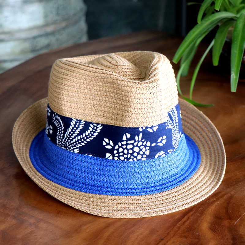 Blue Floral Ribbon Straw Fedora Hat