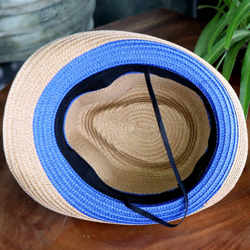 Blue Floral Ribbon Straw Fedora Hat