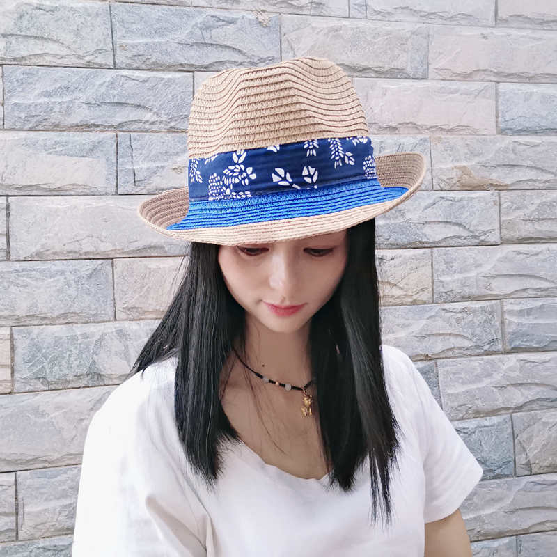 Blue Floral Ribbon Straw Fedora Hat