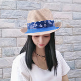 Blue Floral Ribbon Straw Fedora Hat
