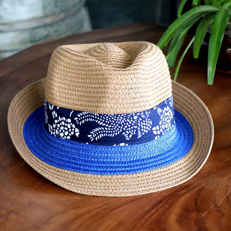 Blue Floral Ribbon Straw Fedora Hat
