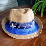 Blue Floral Ribbon Straw Fedora Hat