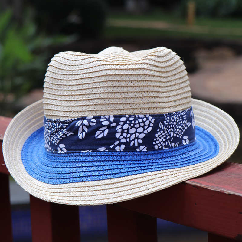 Blue Floral Ribbon Straw Fedora Hat