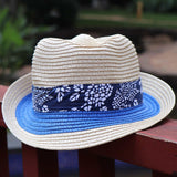Blue Floral Ribbon Straw Fedora Hat
