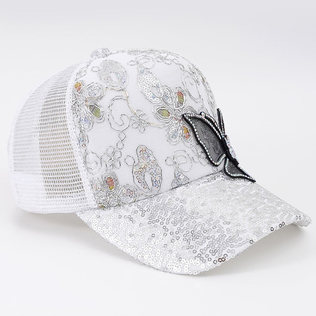 Rhinestone Butterfly Sequin Mesh Trucker Cap