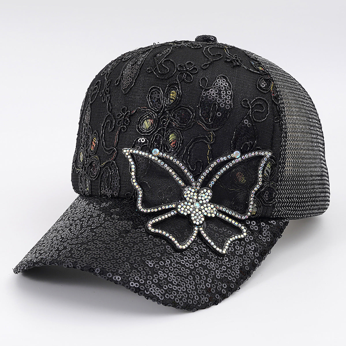 Rhinestone Butterfly Sequin Mesh Trucker Cap