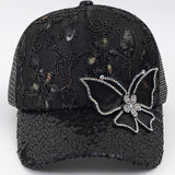Rhinestone Butterfly Sequin Mesh Trucker Cap