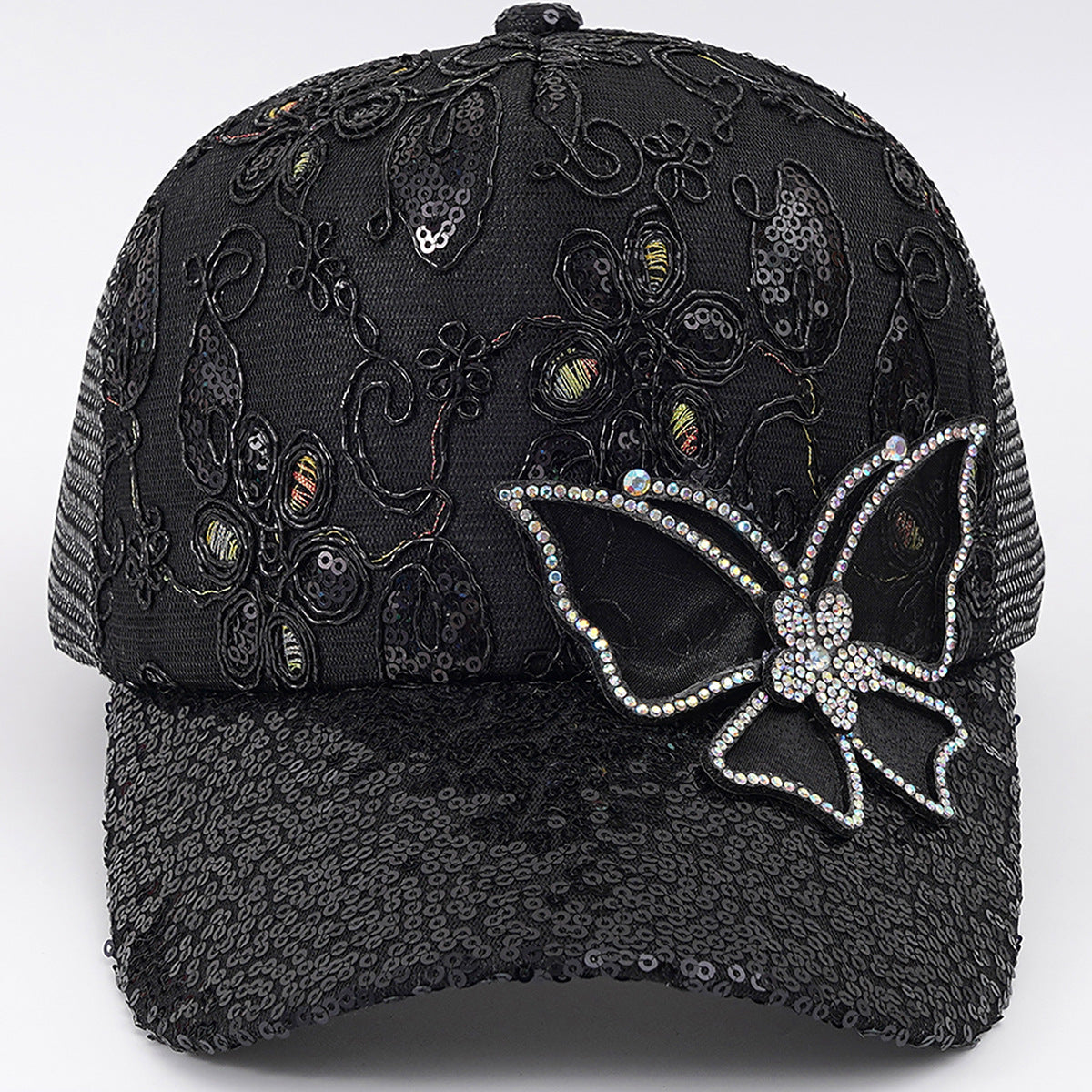 Rhinestone Butterfly Sequin Mesh Trucker Cap