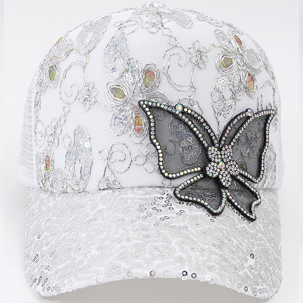 Rhinestone Butterfly Sequin Mesh Trucker Cap
