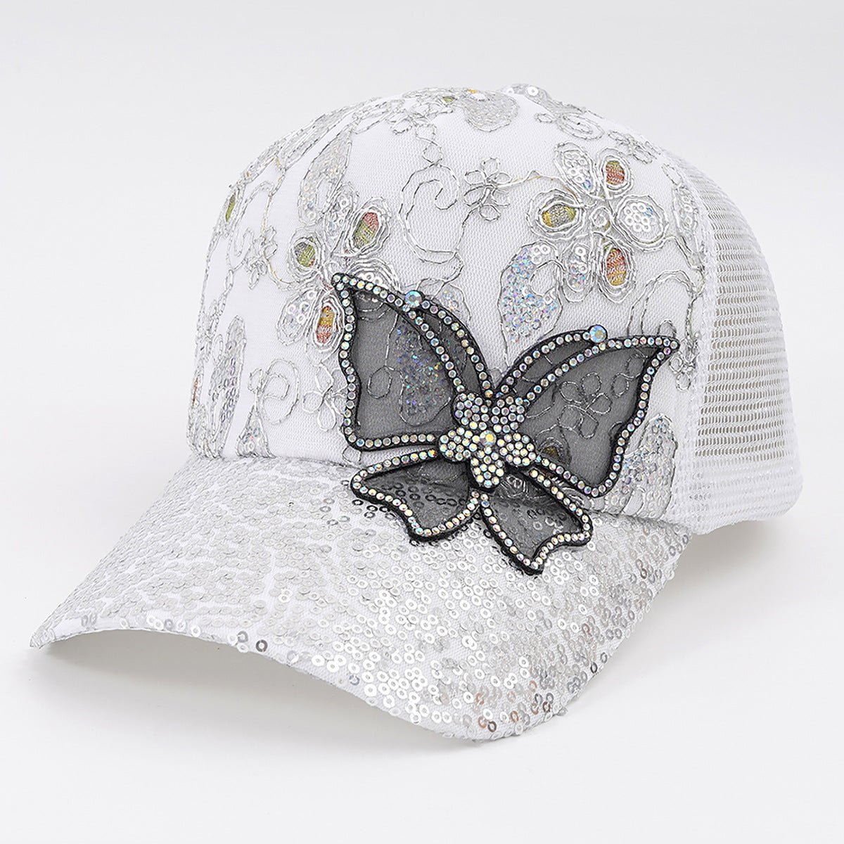 Rhinestone Butterfly Sequin Mesh Trucker Cap