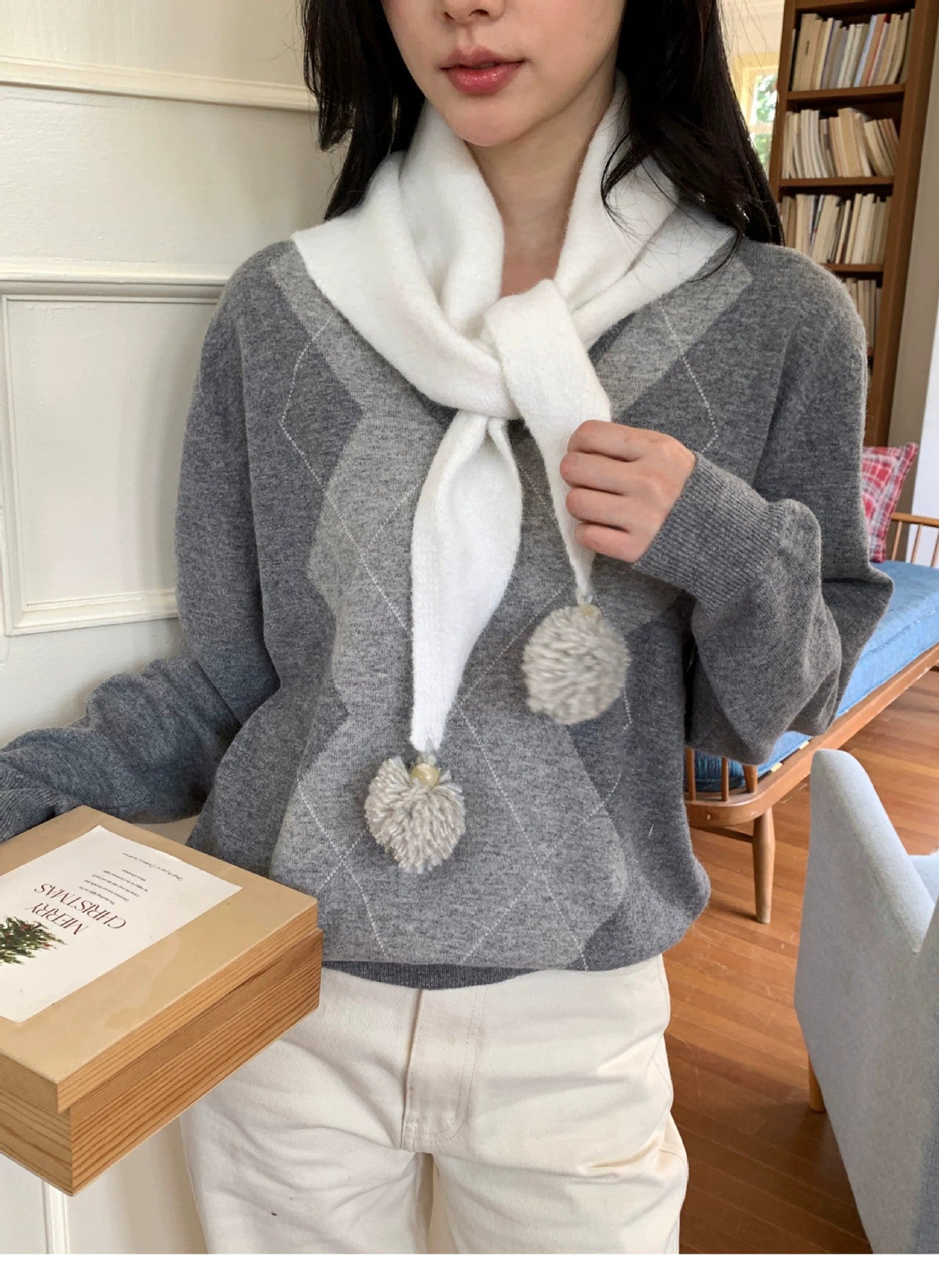 Women's Soft White Tassel Winter Scarf