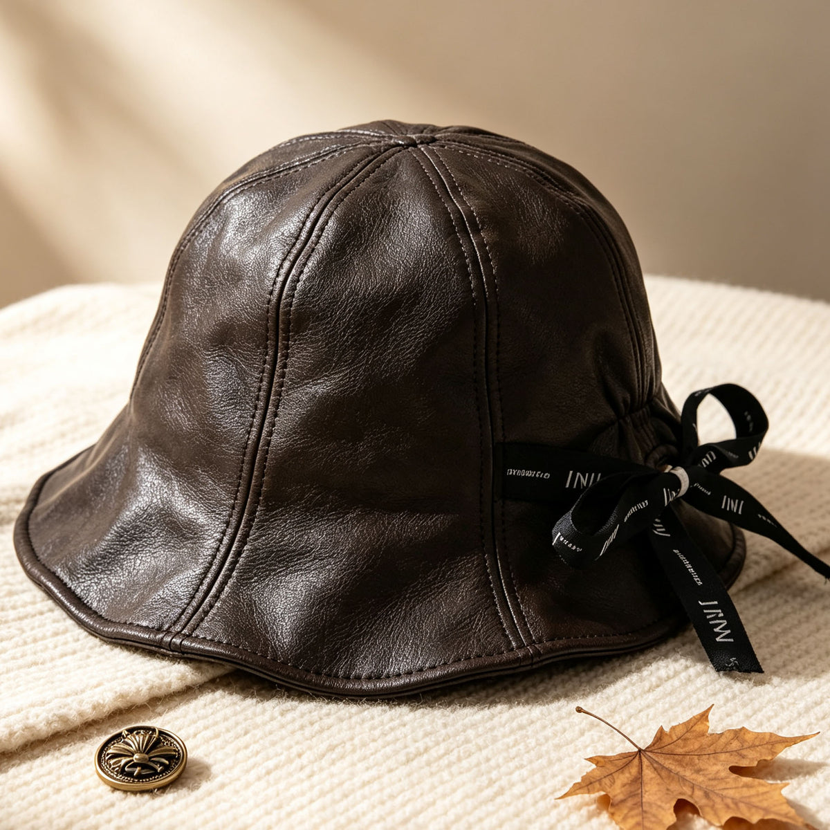 Leather Look Bucket Hat with Ribbon for Women Fashion