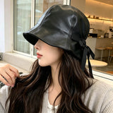Leather Look Bucket Hat with Ribbon for Women Fashion