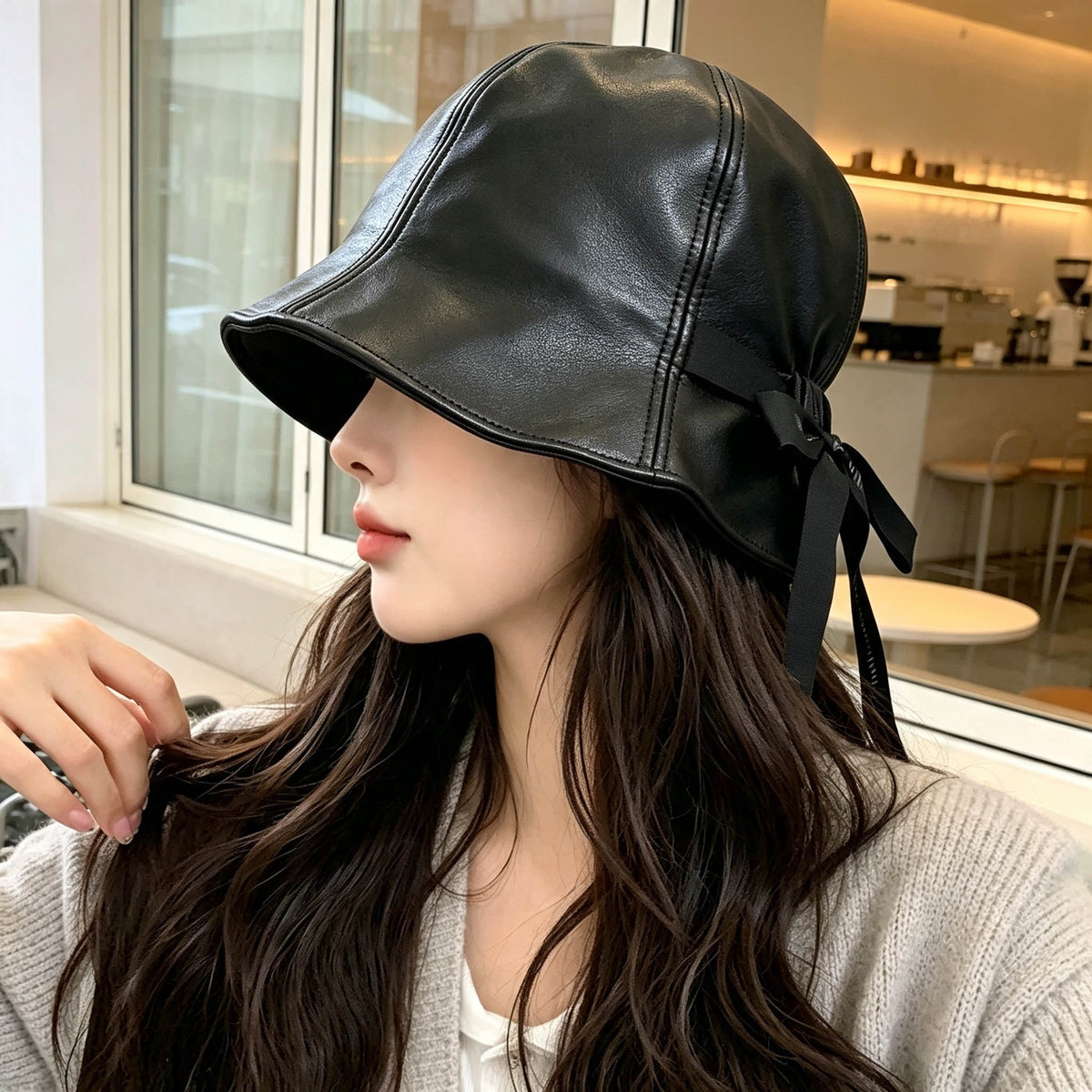 Leather Look Bucket Hat with Ribbon for Women Fashion
