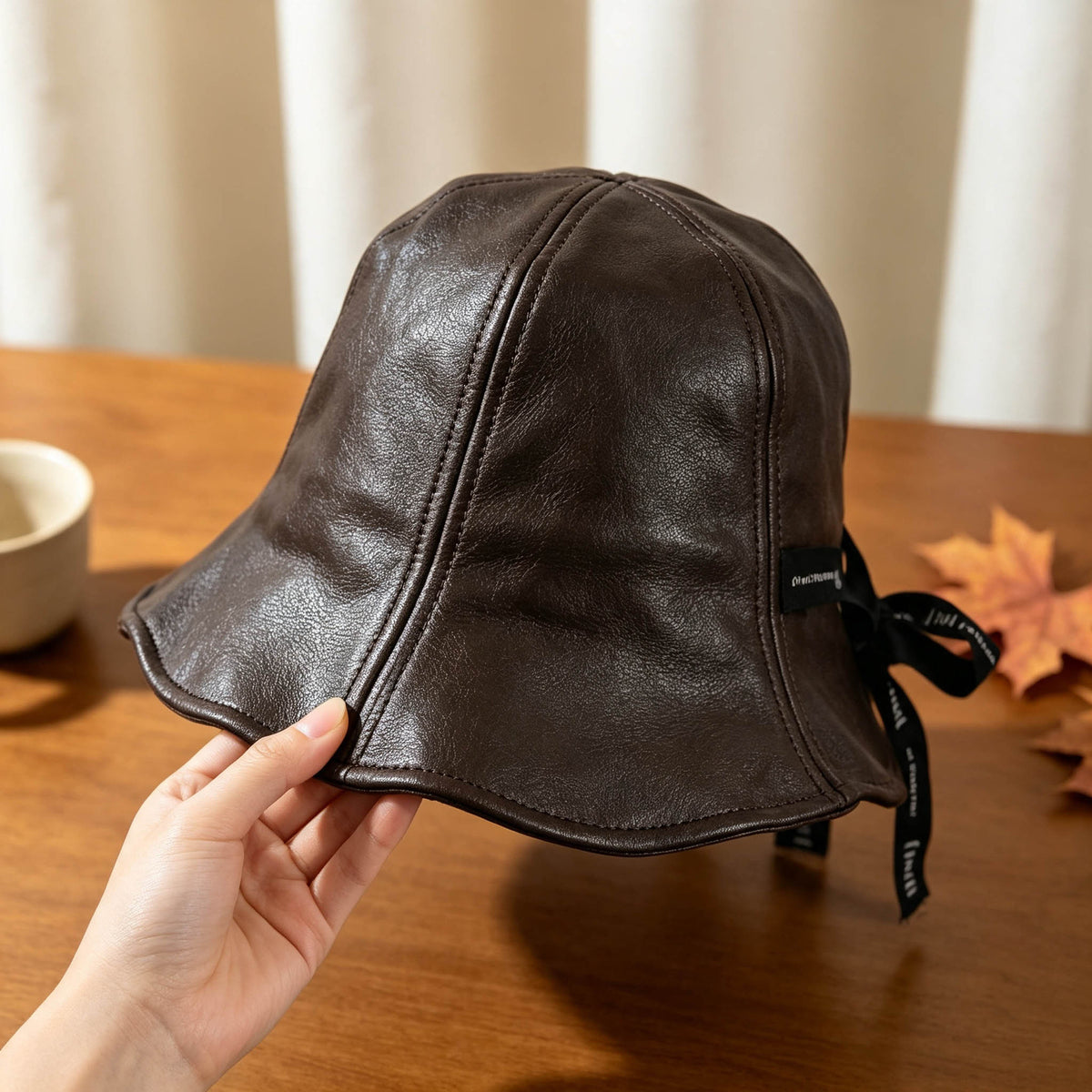 Leather Look Bucket Hat with Ribbon for Women Fashion
