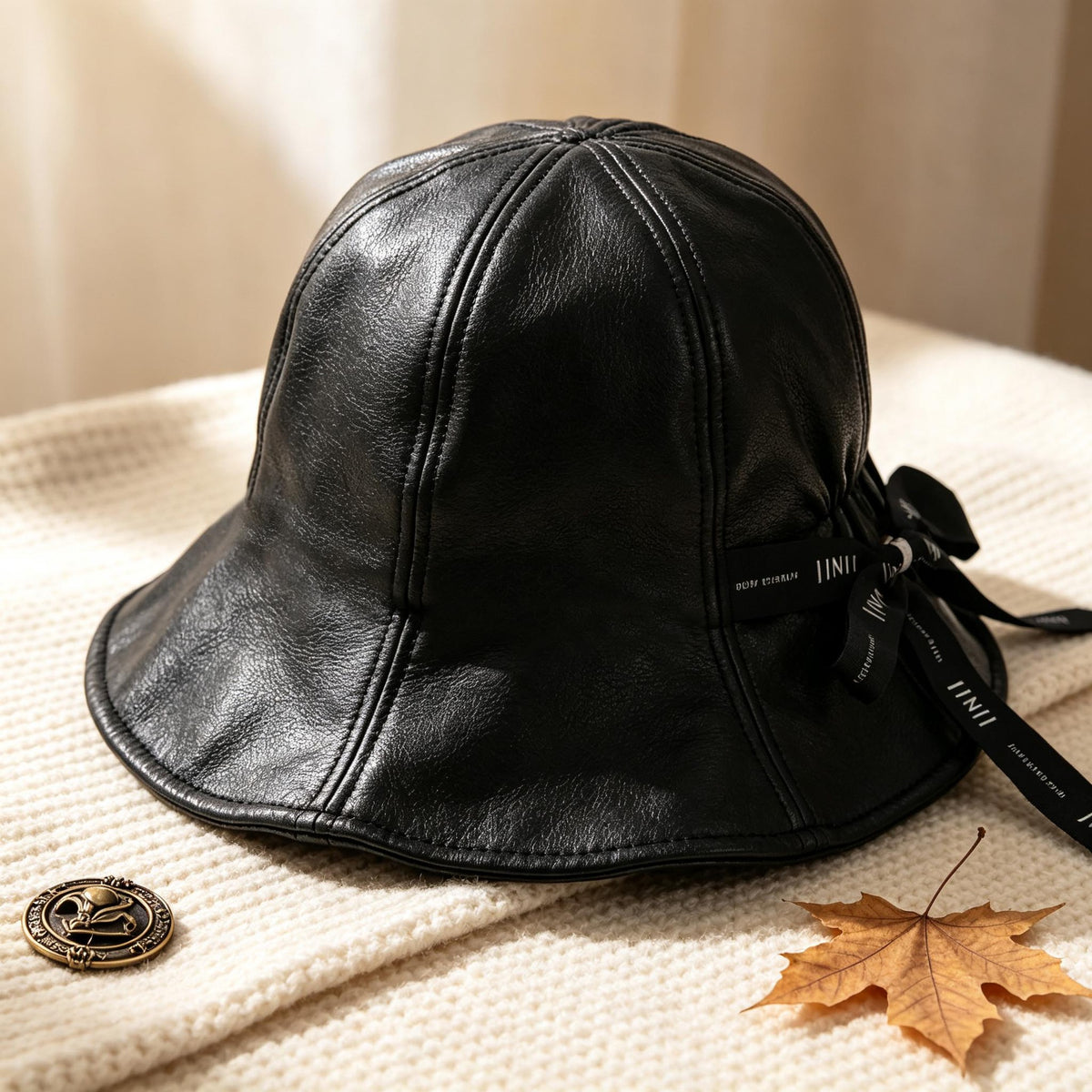 Leather Look Bucket Hat with Ribbon for Women Fashion