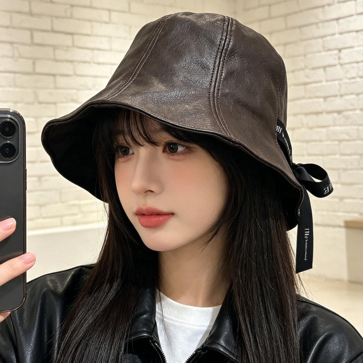 Leather Look Bucket Hat with Ribbon for Women Fashion