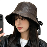 Leather Look Bucket Hat with Ribbon for Women Fashion