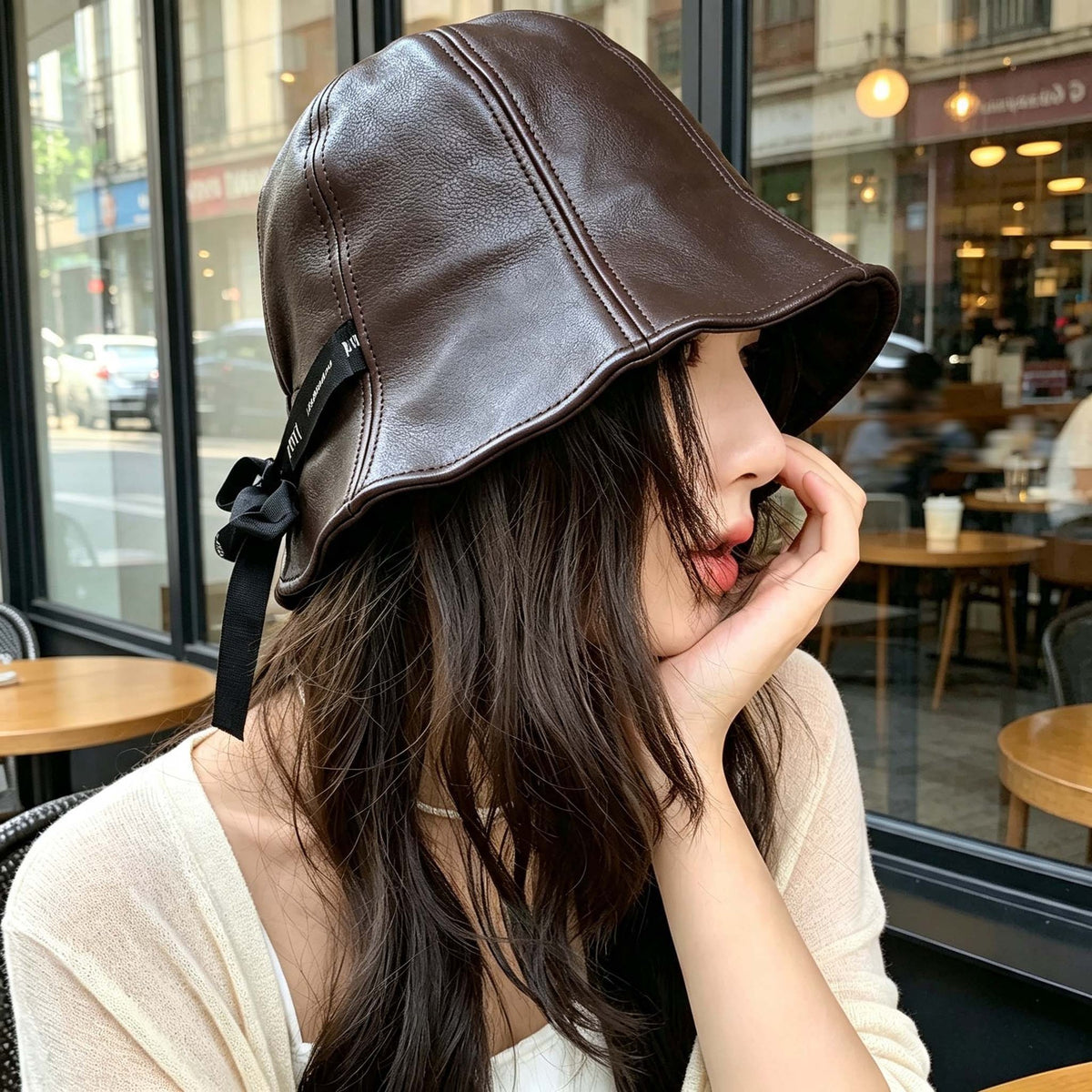 Leather Look Bucket Hat with Ribbon for Women Fashion