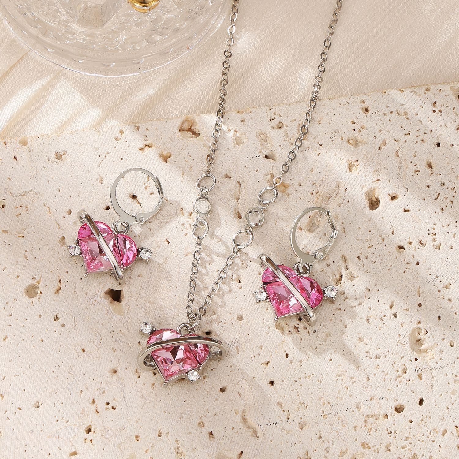 Elegant Pink Heart Jewelry Set