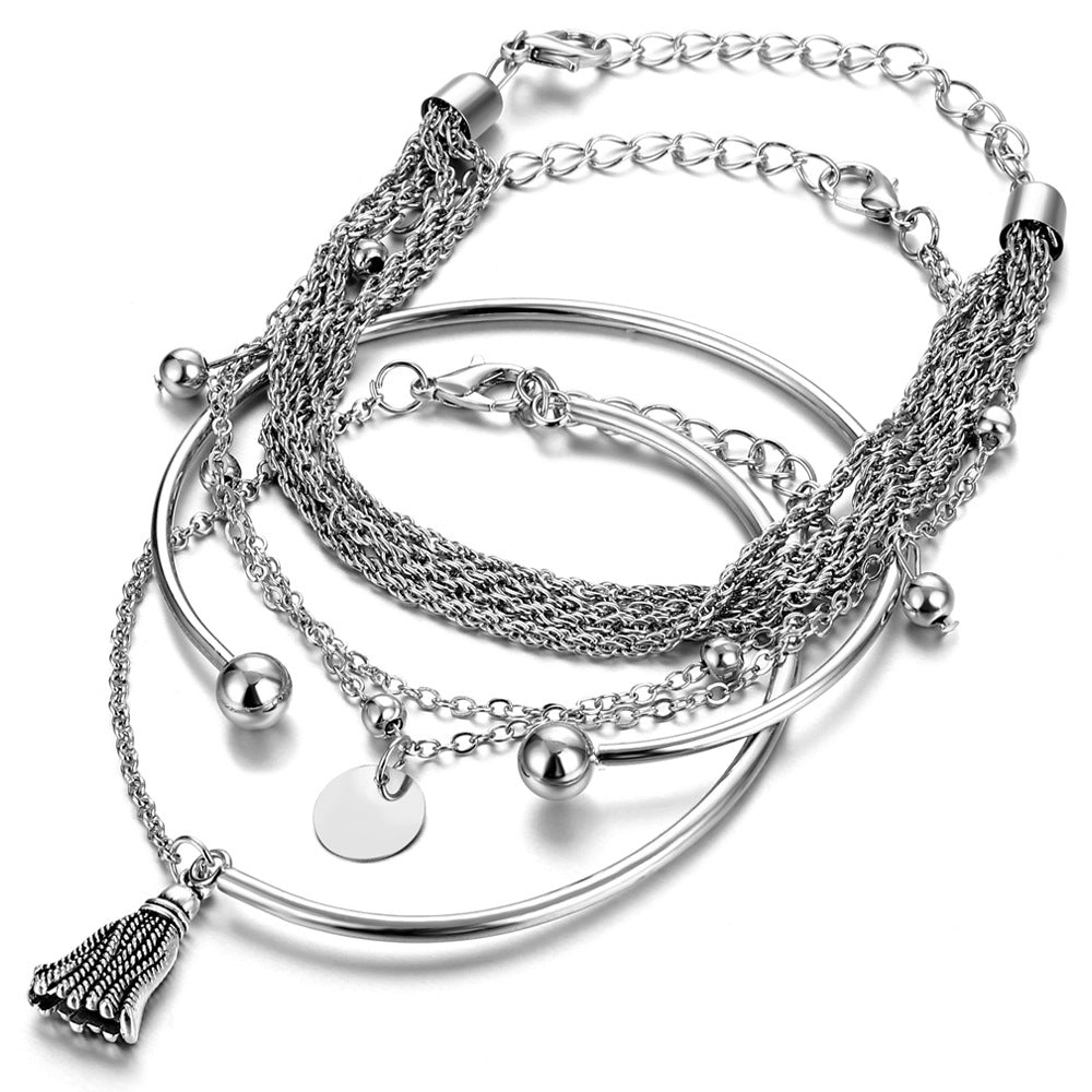 Silver Layered Charm Bracelets Set