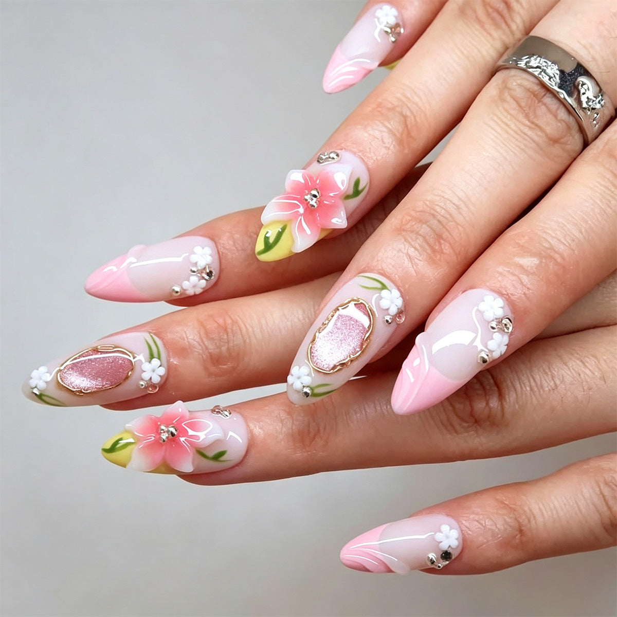 Pink Floral Almond Press On Nails 24 Piece Set