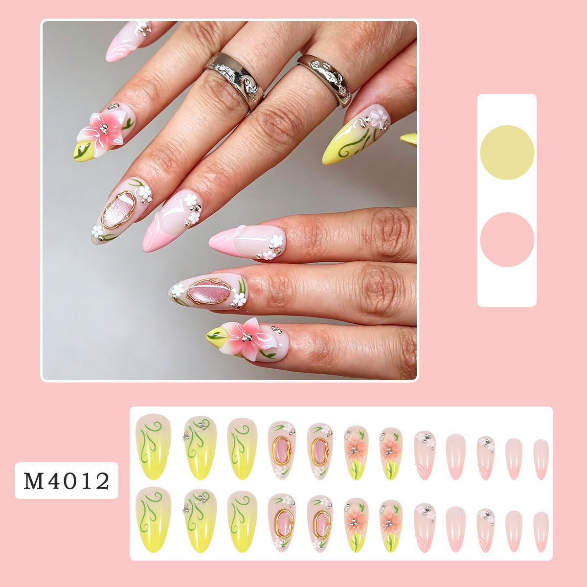 Pink Floral Almond Press On Nails 24 Piece Set