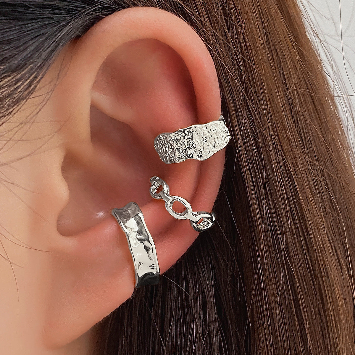 Textured Chunky Hoop & Chain Ear Cuff